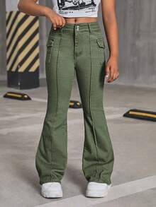 SHEIN Tween Girl Y2K Fashion Retro Style Flap Detail Seam Detail Denim Flare Leg Jeans , Fall Clothes Back To School - Army Green - View 5