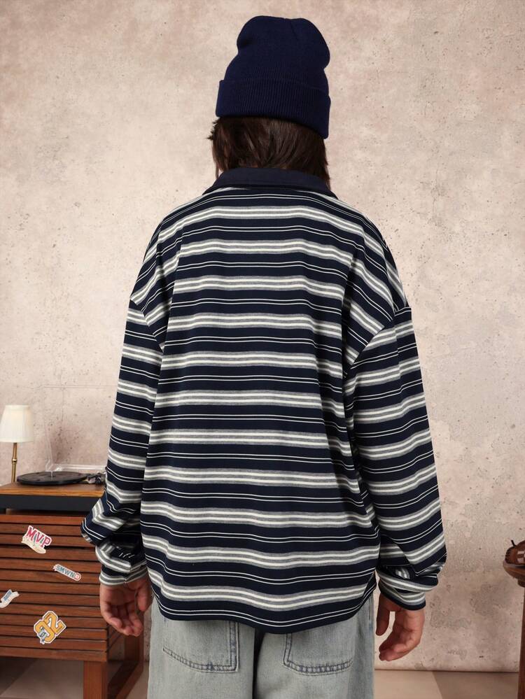 Striped Long Sleeve Polo Shirt With Collar