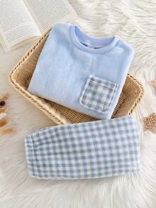 男童格子抓绒长袖上衣和裤子两件套休闲舒适睡衣套装 - 藍色 - 查看 1