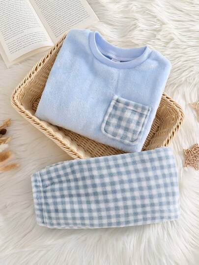 男童格子抓绒长袖上衣和裤子两件套休闲舒适睡衣套装