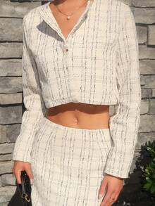 Sydney Algeri Elegant Plaid Short Jacket And Mini Skirt 2pcs Set, Autumn Fall Cloth For Women - White - View 5