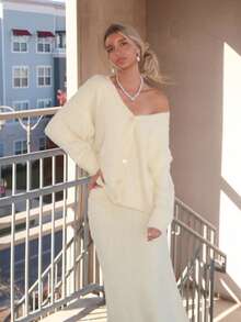 Sydney Algeri 1 set Femme Cardigan à manches longues et épaules tombantes surdimensionné + Jupe pull longue trapèze, Jaune clair