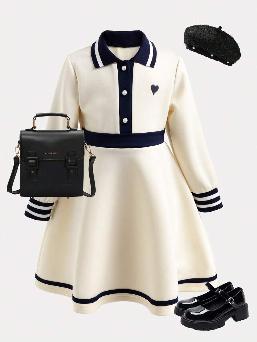 Genkimix Kids 1pc Girls' Casual Collared Embroidered Colorblock Knit Dress - White - View 1