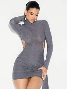 KIZN High Neck Long Sleeve Cut Out Draped Mini Dress Ruched Bodycon Party Winter Evening - Grey - View 5