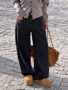 Muchica 100% Cotton Women's Black Casual Versatile Fashion Wide Leg Jeans, For Autumn Winter Halloween Christmas New Year - Black - View 6