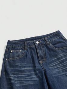 ROMWE J-Fashion Unisex Retro Street-Style Chinese Tiger & Floral Embroidery Loose Wide-Leg Jeans - Blue - View 3