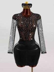 Mistrie Women's Fashionable Sexy Rhinestone Mesh Black Bodysuit,Glitter Top,Sparkly Bodysuit, Sequin Bodysuit Valentines Day Outfit,Wedding Party Outfit, Wedding Guest Outfit,Birthday Outfits,Summer Holiday Outfits,Y2k Clothes - Black - View 4