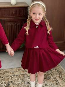 LMoss Kids LMoss 2件套少女纯色不对称下摆休闲外套和百褶裙套装，女童裙装，红色裙子，圣诞节，舒适秋冬款式，温暖秋冬风格，冬季服装 - 紅色 - 查看 7