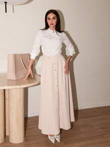 Bris Aura Women's Cross Collar Metallic Decor Elegant Office Fitted White Blouse,Long Sleeve Tops - White - View 3