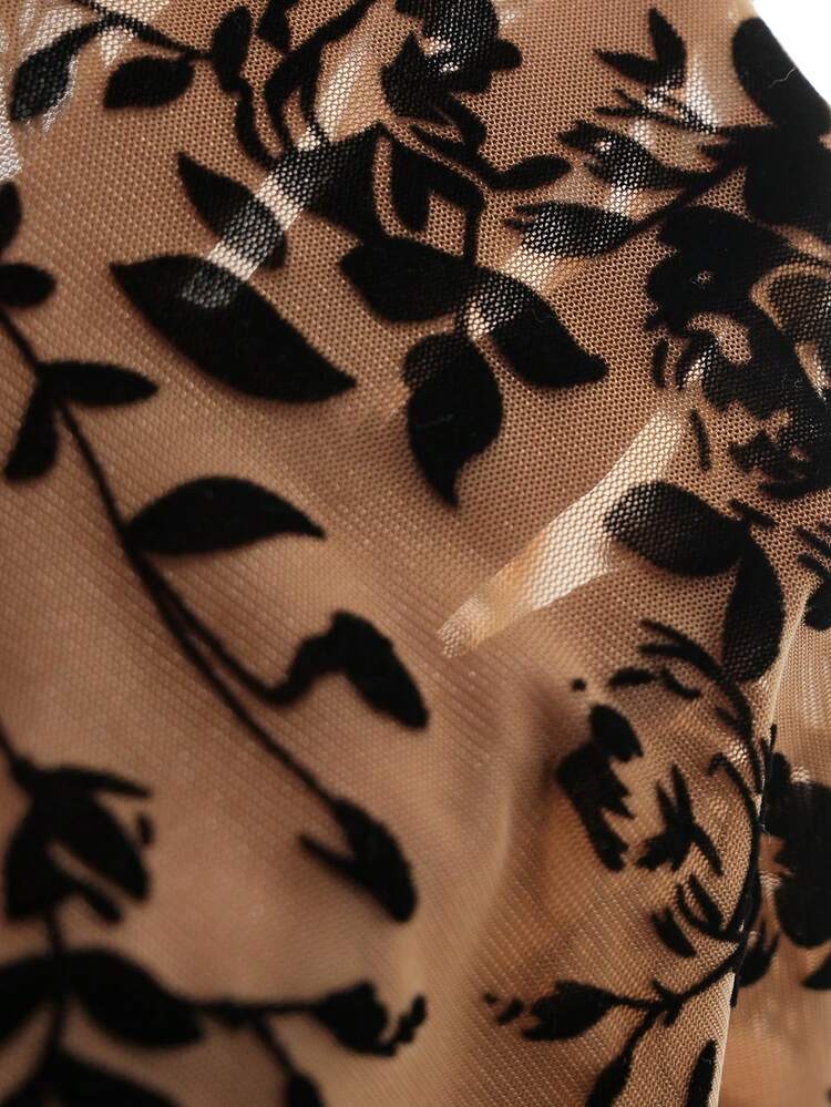 SHEIN Maija Oversized Floral Print Sheer High Neck Mesh Top (No Bra)/Winter