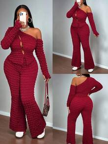 Slaydiva 2025秋冬新款女装大码露肩不对称镂空长袖上衣+紧身喇叭裤套装，适合派对、郊游、性感、约会、酒吧、时尚 - 酒紅色 - 查看 1