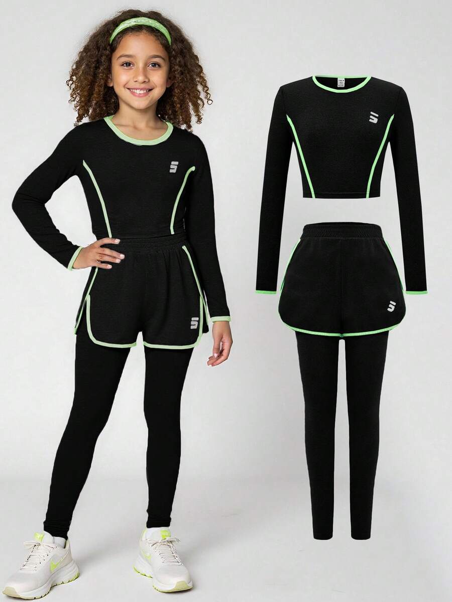 JNSQ 2pcs/Set Girl Autumn Fitted Crew Neck Long Sleeve T-Shirt Top And Skinny Sports Pants Outfit - Black - View 1