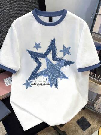 Manfinity Joysei เสื้อยืดลายดาวสีน้ำเงินกรมท่าและขาวสำหรับผู้ชายขนาดมาตรฐาน