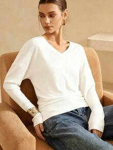 Lymera Áo thun cổ chữ V gân mềm mại thường ngày bán chạy nhất dành cho nữ - trắng - Xem 3