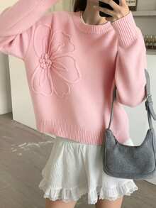 SHEIN Suéter de cuello redondo con patrón floral y unicolor para adolescentes, decoración de flores 3D, adecuado para invierno y Halloween - Rosa - Ver 6