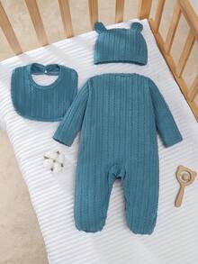 Neugeborenen Baby Loungewear 3-teiliges Set - Teal Blau Birne Stickerei Strick Jumpsuit + Lätzchen + Mütze, Süßes Birnen Muster Zopfstrick Design, Teal Blau frische Farbe, Strick Warm Stoff, Langarm Jumpsuit, Lätzchen, Mütze, Birne Stickerei Kombination, Social Media Stil, Süßes Frühjahr Herbst Winter Urlaub Grundausstattung Neugeborenen Baby Zuhause Set - Taubenblau - Übersicht 2