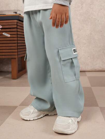  SUMWON Boys Cargo Pants With Side Pockets Elastic Waist Wide Leg Comfortable Everyday School Playground Full Length Casual Bottoms Vacation