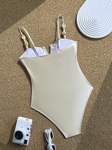 Swim Chiccia 女士优雅复古硬币装饰细肩带纯色不对称串珠荷叶边露背修身连体泳衣，适合海滩和度假，春夏款 - 香檳色 - 查看 6