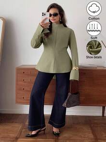 Elenzga 女士织造的优雅大码通勤秋季衬衫 - 軍綠色 - 查看 7