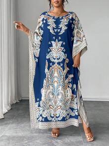 Rometta Đầm suông cổ tròn tay cánh dơi in họa tiết cỡ lớn, dáng rộng, thích hợp cho kỳ nghỉ và tiệc tùng - Xanh đậm - Xem 6