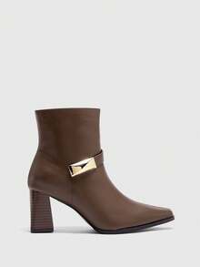CUCCOO BIZCHIC 女士时尚百搭通勤粗跟金属装饰踝靴 - 棕色 - 查看 2