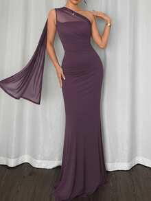 Firerie 女士优雅浪漫时尚通勤性感优雅风格不对称领口紧身长裙，适合派对、海滩度假、返校、浪漫约会、婚礼季、生日、复活节、春夏连衣裙 - 淺灰紫 - 查看 2