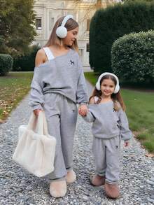 Sparklyn 2pcs/Set Teenage Girls Oblique Shoulder T-Shirt Top & Wide Leg Loose Pants Suit, Suitable For Autumn