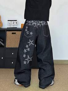 STEELVANCE 男士休闲宽松阔腿牛仔裤，后袋饰有星星刺绣，街头风 - 黑色 - 查看 5