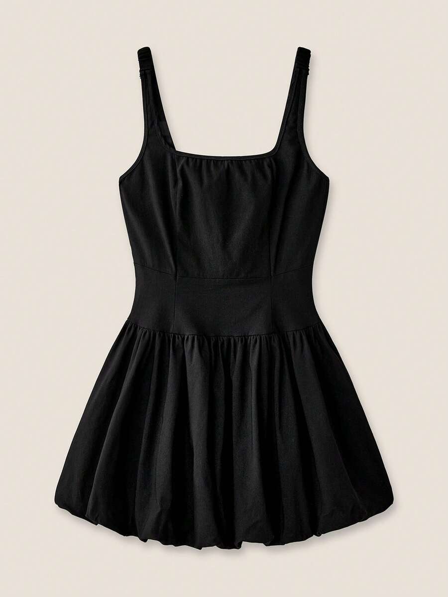 SHEIN Unity Váy mini nhún bèo dây màu trơn thanh lịch, mùa hè - màu đen - Xem 1