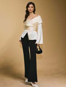 Poéselle Beige,Autumn,Elegant,Party Women's Ivory Off-Shoulder Satin Wrap Blouse,Cross-Front Long Sleeve Top With Waist-Cinching Sash,Luxe Silk-Feel Fabric,1pc - Apricot - View 6