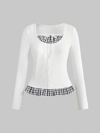 Kawaii Maglietta da donna vintage dolce a maniche lunghe 2 in 1