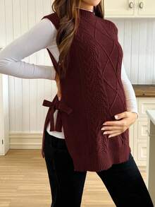 SHEIN 女士宽松高领侧开衩系带休闲孕妇毛衣背心，秋冬季 - 酒紅色 - 查看 3