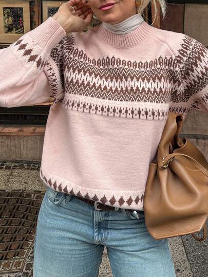 Vivie Lora Suéter holgado de mujer con estampado Fair Isle en rosa