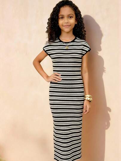 Travachic KIDS Tween Girl Casual Elegant Knit Striped Short Sleeve Midi Dress