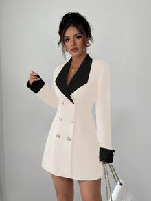 SHEIN Tall Minimalist High-End Black & White Contrast Woven Long Sleeve Open Front Double-Breasted Mid-Length Dress For Women, Suitable For Evening Gala, Sisters Gathering, Night Date White Blazer Dress Tuxedo Dress Women Suit Dress Long Sleeve Elegant Dress White Suits For Woman - Apricot - View 3