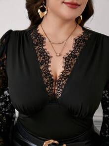 Reflora Plus Size Women Lace V-Neck Long Sleeve Top, Versatile Casual Top For Autumn/Winter Office Attire For Women - Black - View 6