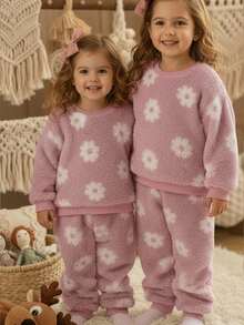 LMoss Kids LMoss Kinder 2 Stücke Set aus Strickpullover und Leggings für Babys mit Blumenmuster und Rundhalsausschnitt, Fleece-Set für Babys und Kleinkinder, Winterkleidung für Babys und Kleinkinder, Sherpa-Set mit Blumenmuster, zweiteiliges Set für Babys und Kleinkinder, warmes Set