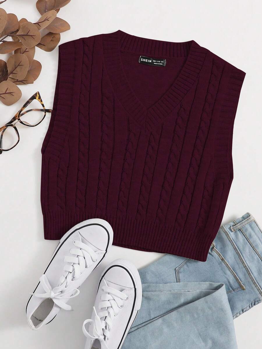Elamini Solid Color Crew Neck Ribbed Knit Casual Sweater Vest - Red Violet - View 1