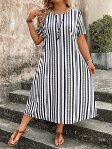 EMERY ROSE Plus Size Women Colorblock Striped Round Neck Short Sleeve Dress - Blue - View 1