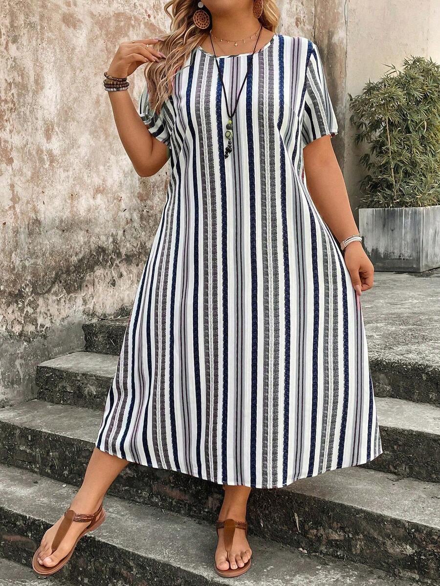 EMERY ROSE Plus Size Women Colorblock Striped Round Neck Short Sleeve Dress - Blue - View 1