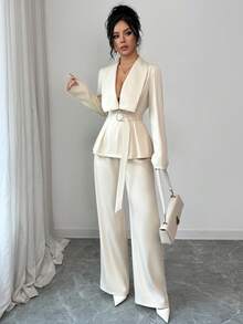 Elenzga Bộ vest nữ thu đông mới, tối giản, đa năng, thanh lịch, cao cấp gồm áo blazer cổ bẻ, trang trí kim loại, thắt eo và quần ống rộng. - Màu be - Xem 6