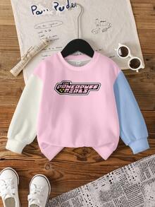 THE POWERPUFF GIRLS X SHEIN 女童休闲字母卡通图案撞色落肩宽松卫衣，秋季款 - 白色 - 查看 2