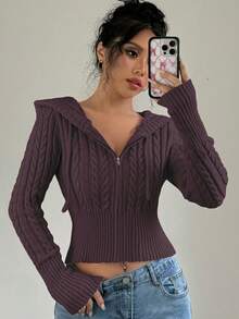 Flirla Áo khoác cardigan trùm đầu màu trơn thường ngày dành cho nữ, đa năng cho mùa thu/đông - Màu đỏ tím - Xem 5