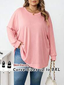 SHEIN CURVE+ Áo thun tay dài cổ tròn trễ vai màu trơn cỡ lớn dành cho nữ/Mùa thu/Đông - Hồng - Xem 7