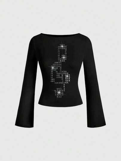 Grunge Punk Mysterious Music Note Y2K Hot Girl Vintage Rivet Music Festival Sexy Punk Low-Cut Vintage Ruched Fitted Black Gothic Flare Sleeve Long Sleeve Women T-Shirt
