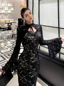 DAZY 女士优雅蕾丝长袖中长连衣裙，适合参加派对和情人节活动 - 黑色 - 查看 1