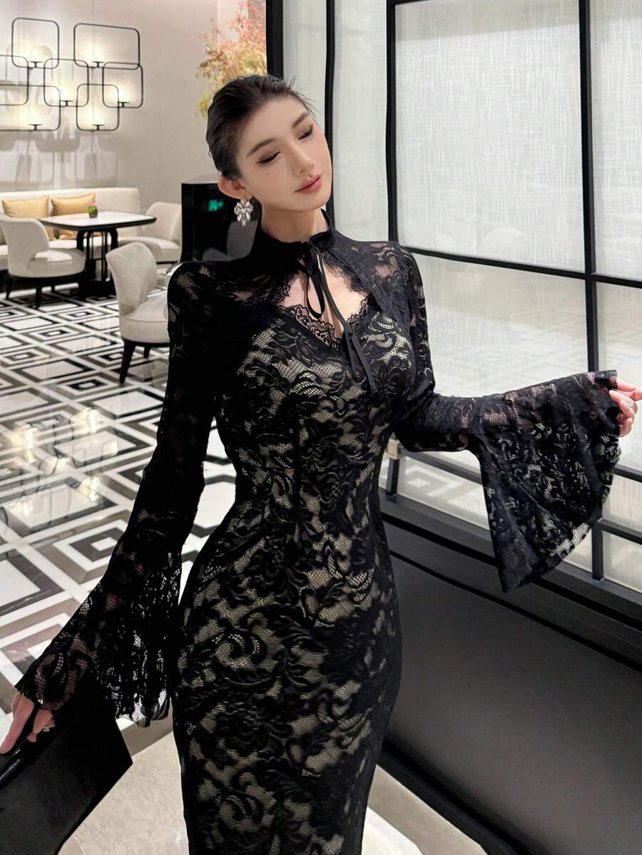 DAZY 女士优雅蕾丝长袖中长连衣裙，适合参加派对和情人节活动 - 黑色 - 查看 1