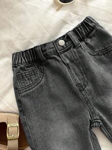 SHEIN Baby Boy Solid Color Elastic Waist Casual Versatile Jeans - Black - View 7