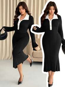 Vionelle Color Block Collar Plus Size Sweater Dress, Fitted Slim Waist Knit Midi Skirt, Autumn/Winter Plus Size Black And White Dress Plus Long Dress Curvy Dress Women Plus Dress 8xl Women Clothes - Black - View 8