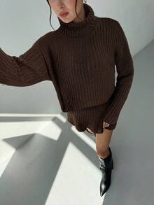 Aloruh 女士复古厚针织高领毛衣和迷你裙两件套，深灰色，适合秋冬季节穿着。